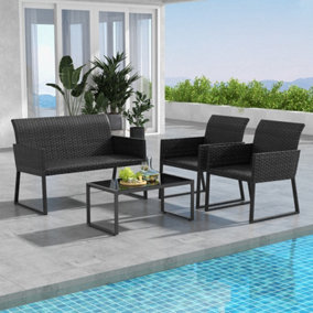 Costway 4 PCS Wicker Patio Furniture Set Outdoor Conversation Set W/Tempered Glass Table