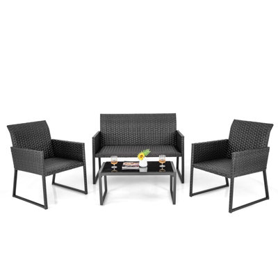 Costway 4 PCS Wicker Patio Furniture Set Outdoor Conversation Set W/Tempered Glass Table