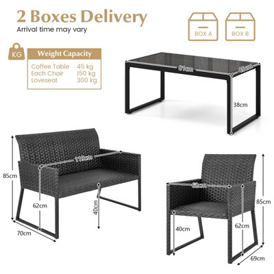 Costway 4 PCS Wicker Patio Furniture Set Outdoor Conversation Set W/Tempered Glass Table - 3