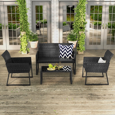 Costway 4 PCS Wicker Patio Furniture Set Outdoor Conversation Set W/Tempered Glass Table - 5