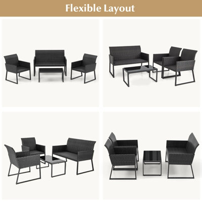 Costway 4 PCS Wicker Patio Furniture Set Outdoor Conversation Set W/Tempered Glass Table - 9