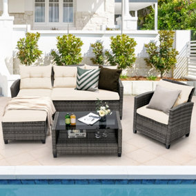 Costway 4 Pcs Wicker Patio Furniture Set Outdoor Conversation Set W/Tempered Glass Table