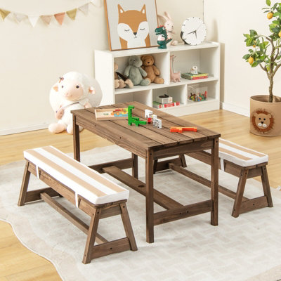 Costway 4 PCS Wooden Kids Picnic Table Bench Children Outdoor Activity Desk W Umbrella DIY at B Q