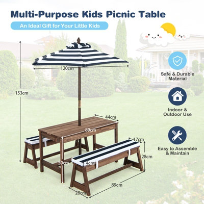 Costway 4 PCS Wooden Kids Picnic Table Bench Children Outdoor Activity Desk W/ Umbrella - 3