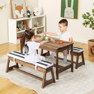 Costway 4 PCS Wooden Kids Picnic Table Bench Children Outdoor Activity Desk W/ Umbrella - 5