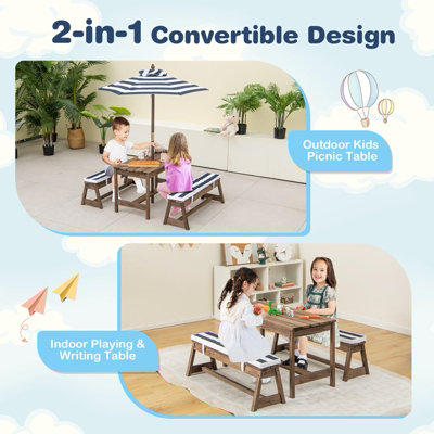 Costway 4 PCS Wooden Kids Picnic Table Bench Children Outdoor Activity Desk W/ Umbrella - 6