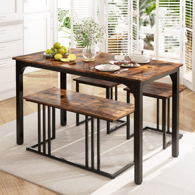 COSTWAY 4-Piece Dining Table Set Industrial Dining Table W/ Bench & 2 Stools-Brown