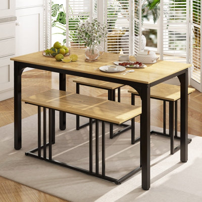 COSTWAY 4-Piece Dining Table Set Industrial Dining Table W/ Bench & 2 Stools-Natural