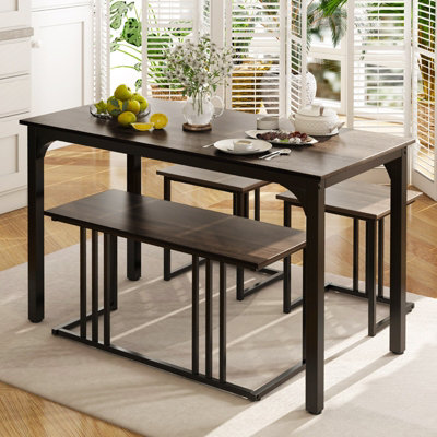 COSTWAY 4-Piece Dining Table Set Industrial Dining Table W/ Bench & 2 Stools