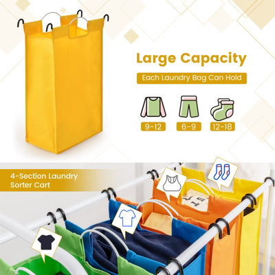 Costway 4-Section Laundry Sorter 136L Large Capacity Laundry Hamper 4 Bag w/ Wheels - 5