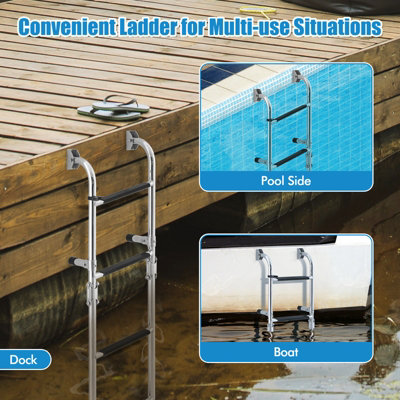 Costway 4 Step Folding Boat Ladder Anti Slip Stainless Steel Swimming Pool Ladder - 5