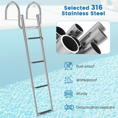 Costway 4-Step Pontoon Boat Ladder Folding Stainless Steel Rear Entry Inboard Ladder - 6
