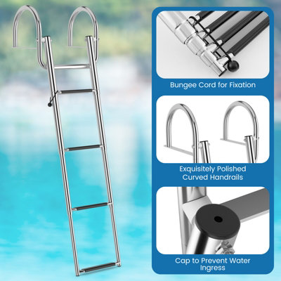 Costway 4-Step Pontoon Boat Ladder Folding Stainless Steel Rear Entry Inboard Ladder - 8