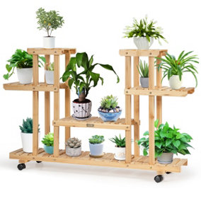 Costway 4-Tier Flower Plant Stand Wooden Flower Rack Display Shelf w/ Wheels & 8 Shelves