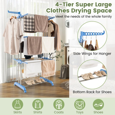 Costway 4 Tier Foldable Clothes Drying Rack Indoor Outdoor Movable Laundry Hanger w/ Metal Frame