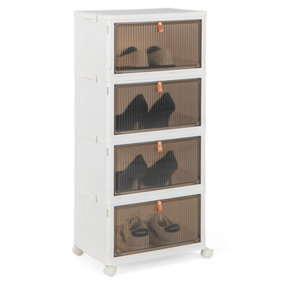 Costway 4 Tier Foldable Shoe Storage Box Bin Stackable Shoe Organizer W/ Magnetic Doors