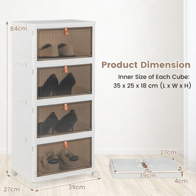 Costway 4 Tier Foldable Shoe Storage Box Bin Stackable Shoe Organizer W/ Magnetic Doors