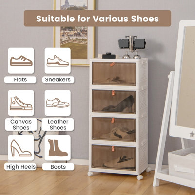 Costway 4 Tier Foldable Shoe Storage Box Bin Stackable Shoe Organizer W/ Magnetic Doors - 4