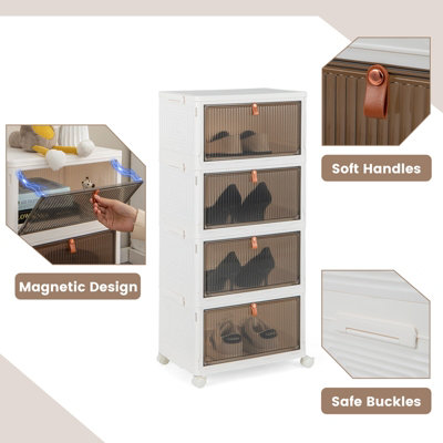Costway 4 Tier Foldable Shoe Storage Box Bin Stackable Shoe Organizer W/ Magnetic Doors - 9