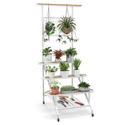 Costway 4-Tier Hanging Plant Stand Ladder Shelf W/Hanging Bar & Trellis Plant Holder