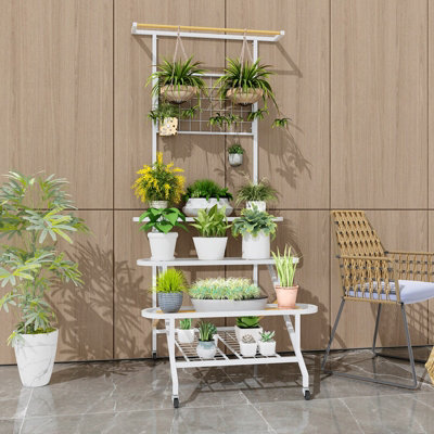 Costway 4-Tier Hanging Plant Stand Ladder Shelf W/Hanging Bar & Trellis Plant Holder