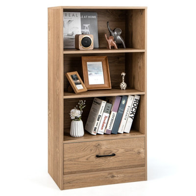 Costway 4-tier Storage Shelf Wood Bookcase Floor Standing Display Shelf w/ Drawer