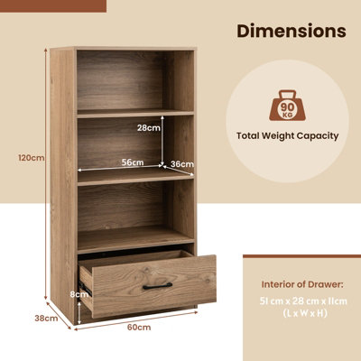 Costway 4-tier Storage Shelf Wood Bookcase Floor Standing Display Shelf w/ Drawer