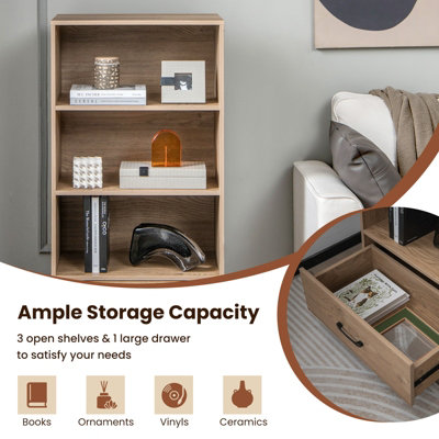 Costway 4-tier Storage Shelf Wood Bookcase Floor Standing Display Shelf w/ Drawer - 8
