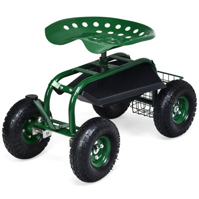 Costway Garden Rolling Cart Heavy Duty with Steel Water Hose Holder with Basket Green