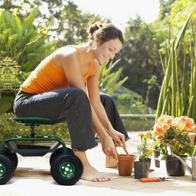 Costway 4-Wheel Rolling Garden Cart Work Seat Outdoor Heavy Duty Planting Cart - 3