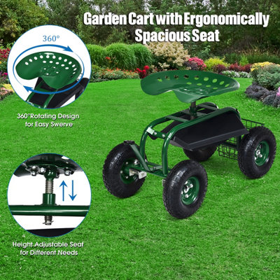 Costway 4-Wheel Rolling Garden Cart Work Seat Outdoor Heavy Duty Planting Cart - 6