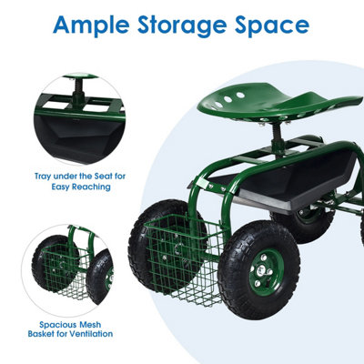 Costway 4-Wheel Rolling Garden Cart Work Seat Outdoor Heavy Duty Planting Cart - 7