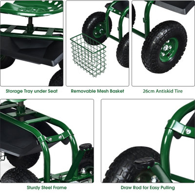 Costway 4-Wheel Rolling Garden Cart Work Seat Outdoor Heavy Duty Planting Cart - 8
