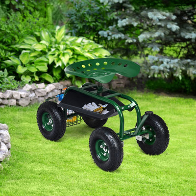 Costway 4-Wheel Rolling Garden Cart Work Seat Outdoor Heavy Duty Planting Cart - 9