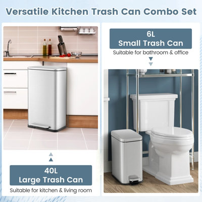Costway 40L+6L Kitchen Step Trash Can Combo Set Waste Bin w/Detachable Buckets