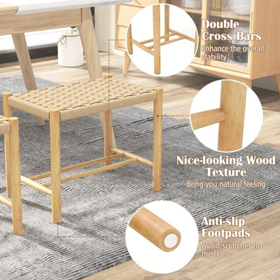 COSTWAY 45cm Dining Stool Set of 2 Rubber Wood Frame & Woven Paper Seat