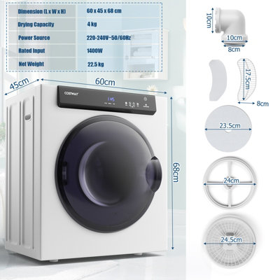 Costway 4KG Compact Dryer 1400W Electric Clothes Dryer Laundry Dryer 3 Heating Options