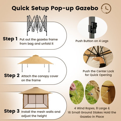Costway 4m x 4m Pop up Gazebo Canopy Tent W/ Netting Mesh Sidewalls - 5