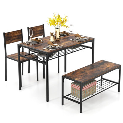 Costway 4PCS Dining Table Set for 4 Industrial Rectangular Kitchen Table with Chairs & Bench Metal Frame