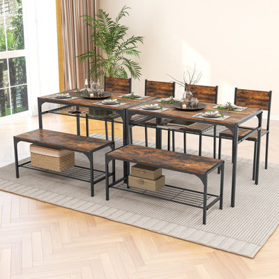 Costway 4PCS Dining Table Set for 4 Industrial Rectangular Kitchen Table with Chairs & Bench Metal Frame