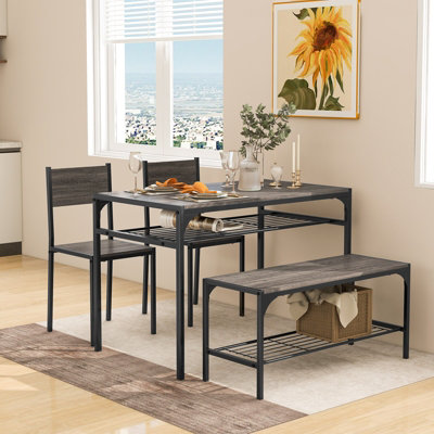 Costway 4PCS Dining Table Set for 4 Industrial Rectangular Kitchen Table with Chairs & Bench Metal Frame