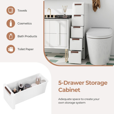 Costway 5-Drawer Narrow Storage Cabinet Bathroom Rolling Plastic Cart Container - 6