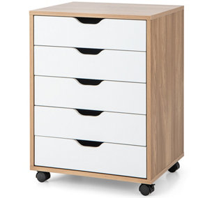 Costway 5 Drawer Rolling Storage Cabinet Mobile Chest of Drawers Wooden Dresser Organizer Natural
