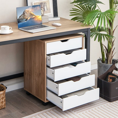 Costway 5 Drawer Rolling Storage Cabinet Mobile Chest of Drawers Wooden Dresser Organizer Natural