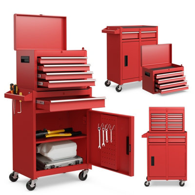 HOMCOM 5-Drawer Roller Tool Chest – Mobile Lockable Toolbox With Handle For Workshop, Garage, Or Mechanic Shop, Red