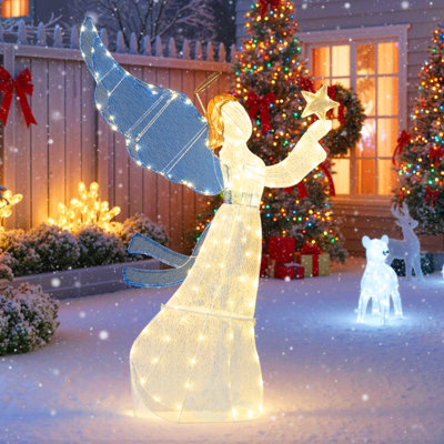 COSTWAY 5 FT Lighted Angel Christmas Decoration Pre-Lit Halo Angel ...