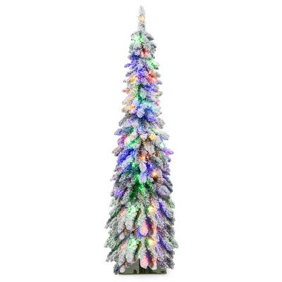 COSTWAY 5 FT Pre-Lit Artificial Christmas Tree Snow-Flocked Slim Pencil Christmas Tree