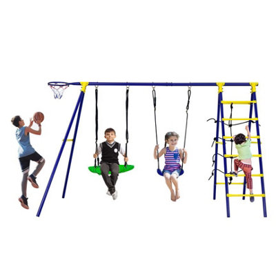 Costway 5-In-1 Outdoor Kids Swing Set w/2 Swings 1 Basketball Hoop, 1 Climbing Net 1 Climbing Ladder