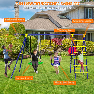 Costway 5-In-1 Outdoor Kids Swing Set w/2 Swings 1 Basketball Hoop, 1 Climbing Net 1 Climbing Ladder