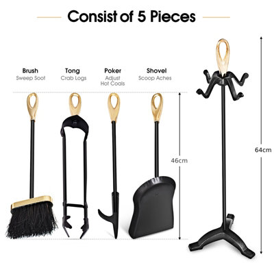 Costway 5 PCS Fire Companion Set Iron Fireplace Fireside Tool Brush Poker Tongs Shovel